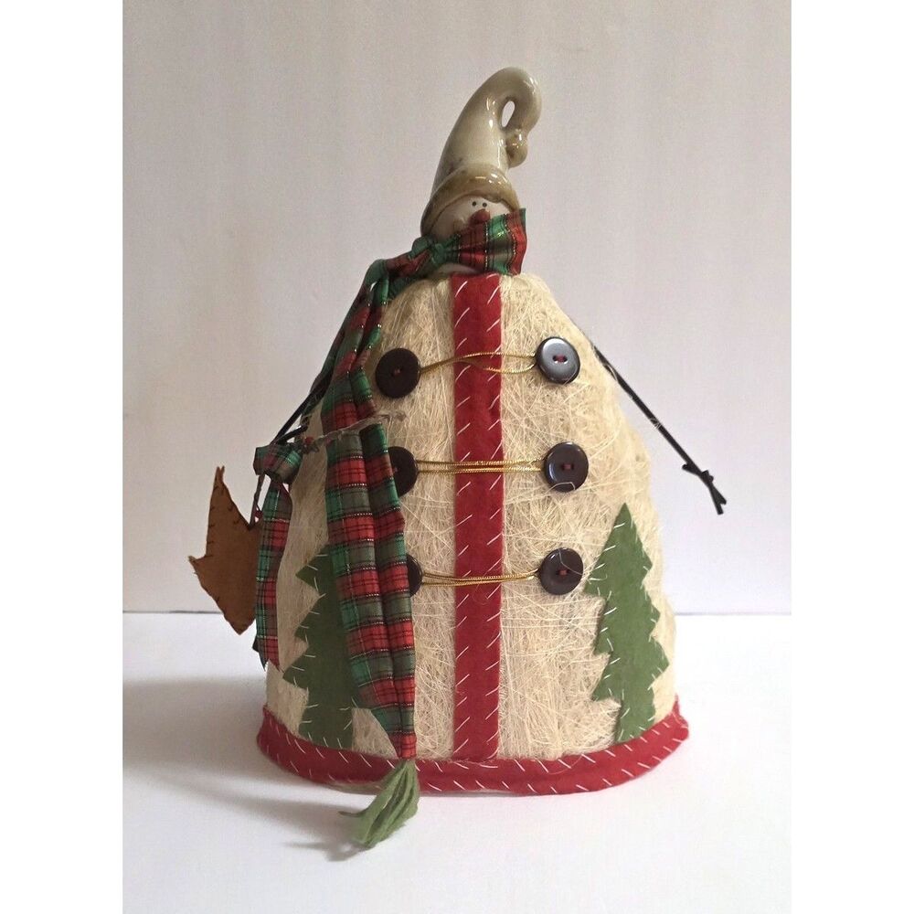 Handmade holiday snowman/elf pottery head, straw body, rustic primitive 12"